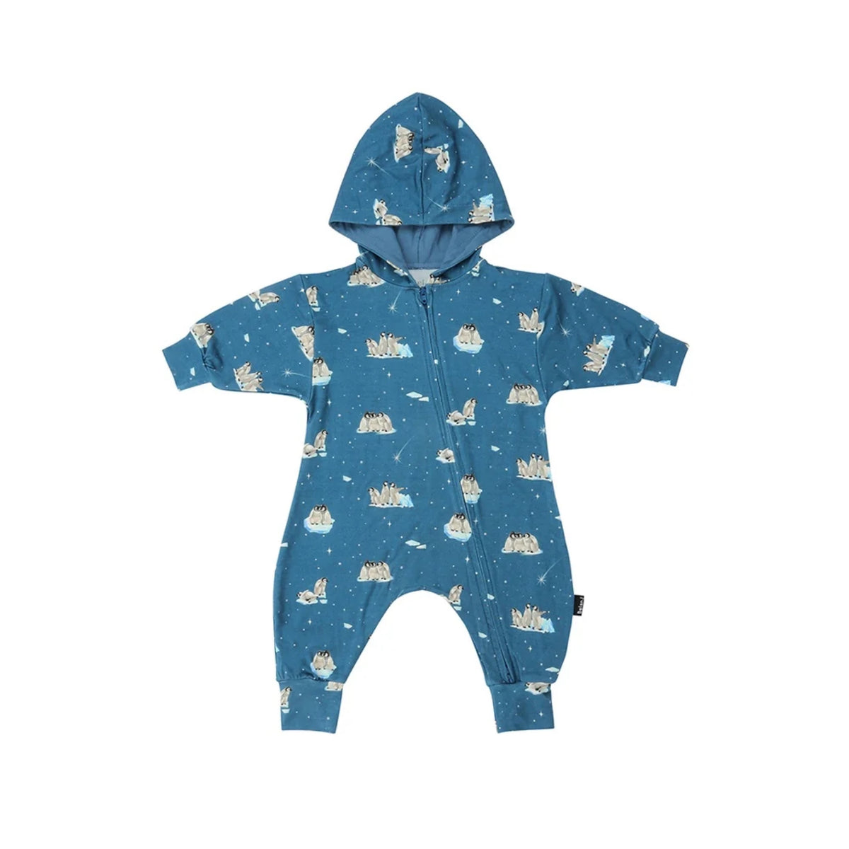 NR BELAN J HOODED ZIPPER ROMPER NIGHT SKY PENGUINS