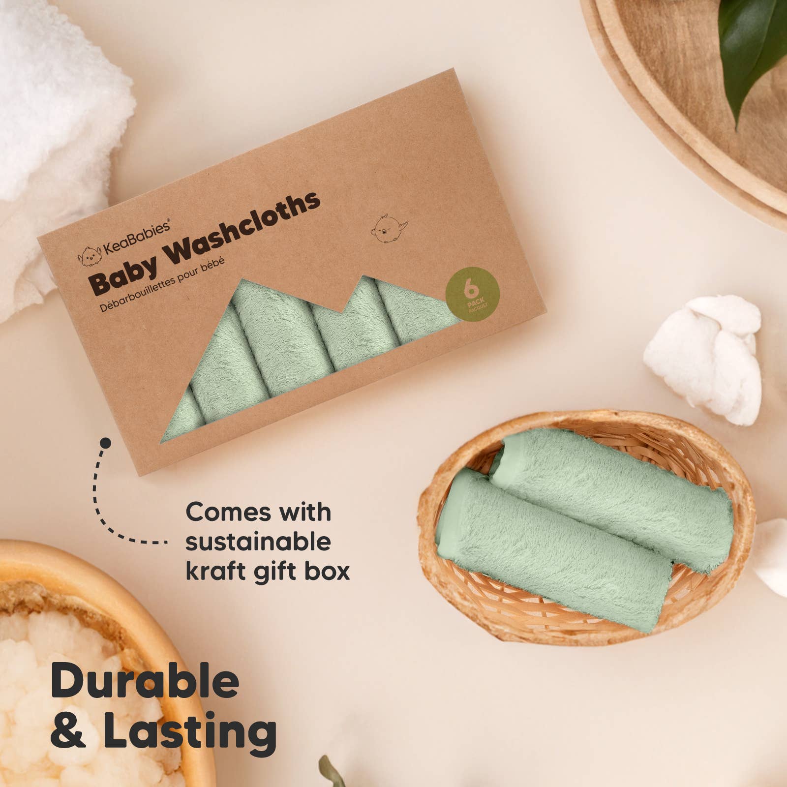 NR KEABABIES WASH CLOTHS | 6 PACK | PISTACHIO