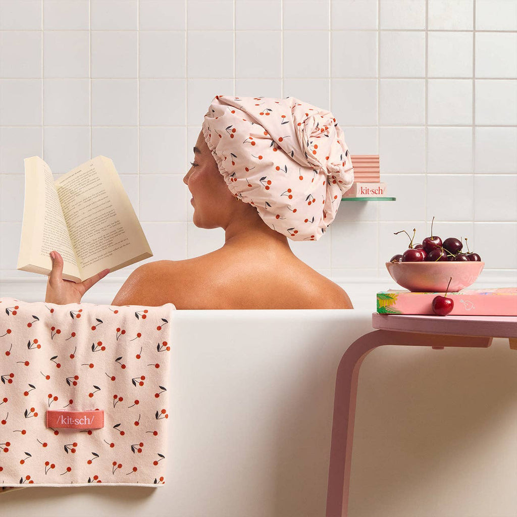 NR KITSCH SATIN LINED FLEXI SHOWER CAP CHERRY